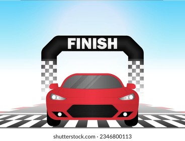 Racing Car Passing the Finish Line. Racing track with Racing Car. Race track road. Vector Illustration.