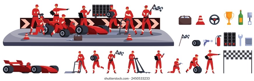 Racing car pit stop icons set cartoon vector. Crew performing. Fast speed