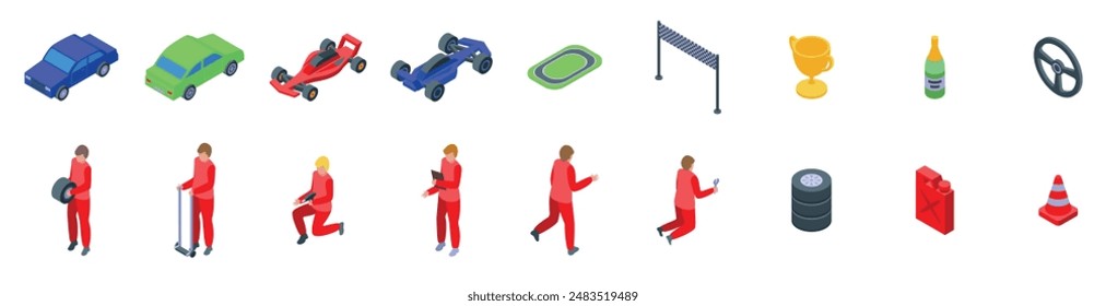 Conjunto de iconos de parada de pozo de coche de carreras. Los mecánicos están preparando los coches para una carrera, mientras que el piloto está entrenando y estudiando el circuito en una tableta