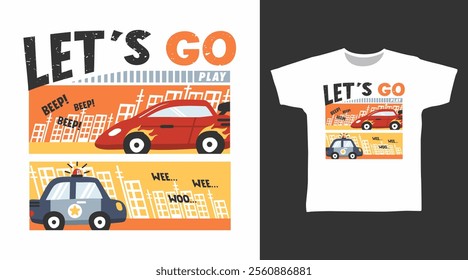 Racing car and police car hand drawn illustration, vector ready for print on t-shirt and other uses.