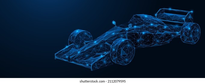 A racing car. Polygonal design of interconnected lines and points. Blue background.