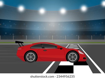 Racing Car Reach the Finish Line in Arena Racing Track. Vector Illustration. 