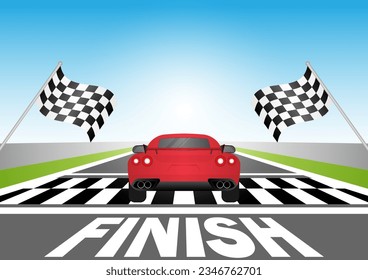 Racing Car Reach the Finish Line in Racing Track. Vector Illustration.