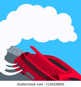 Racing car rear view with smoke from exhaust pipes. Red vehicle on a blue sky background with clouds and spectator tribune. Vector template with blank space for text, message, ad, announcement.