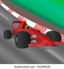 The racing car is riding at high speed along the highway.