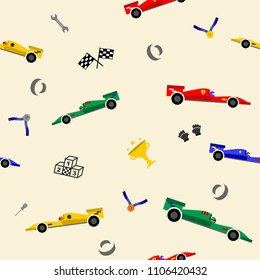 Racing car seamless pattern colorful cartoon style for scrapbooking, printing on fabric, decoration, banner, greeting card, sale, gift wrap, promotion, party poster. Cute kids auto. Vector 10 eps