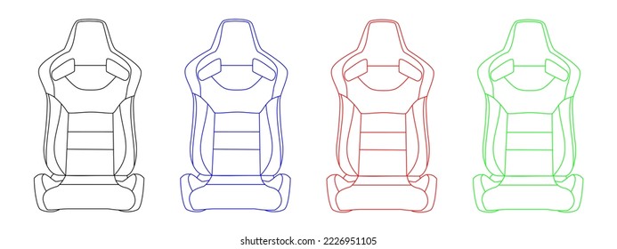 Racing car seat in black, blue, red, green drawing line, vector illustration