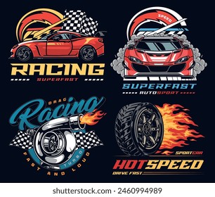 Racing car set colorful flyers with turbo engine and burning wheel simulating driving at extreme speeds vector illustration