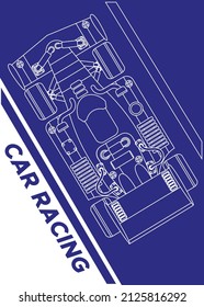 Racing car silhouette on a blue background. View from above. Template for presentation. Vector illustration. 