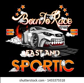 Racing car and slogan type vector tshirt design