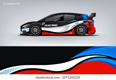 Racing Car sport car branding with racing wrap decal or livery design. Abstract racing graphics black blue backround. Editable vector template	