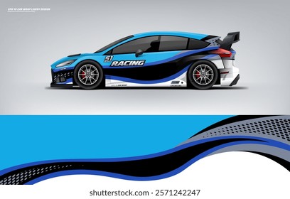 Racing Car sport car branding with racing wrap decal or livery design. Abstract racing graphics black blue backround. Editable vector template	