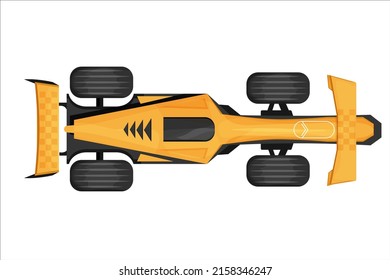 Racing car, sport vehicle top view in cartoon style isolated on white background. Formula bolid detailed drawing, above, aerial.