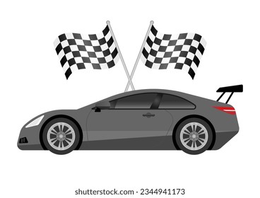 Racing Car or Sports Car with Checkered Flag. Vector Illustration. 