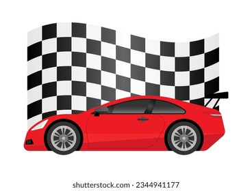 Racing Car or Sports Car with Checkered Flag. Vector Illustration. 