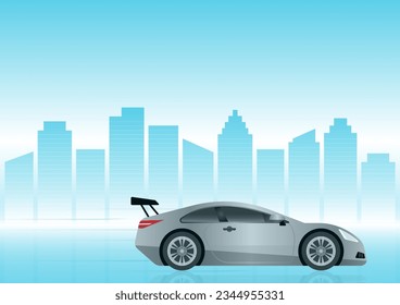 Racing Car or Sports Car in a Modern City. Futuristic Concept. Vector Illustration. 