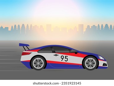 Racing Car or Sports Car in a Modern City. Vector Illustration. 