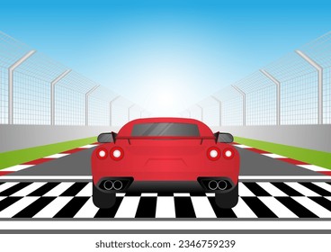 Racing Car at Start Point on Racing Track. Racing track with Racing Car.  Race track road. Vector Illustration.	