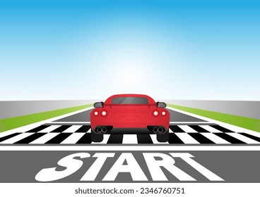 Racing Car at Start Point on Racing Track. Racing track with Racing Car.  Race track road. Vector Illustration.	