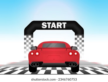 Racing Car at Start Point on Racing Track. Racing track with Racing Car.  Race track road. Vector Illustration.	