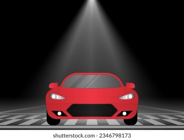Coche de carreras en Start Point en Racing Track en Arena de noche. Pista de carreras con Racing Car.  Carretera de carreras. Ilustración vectorial.	