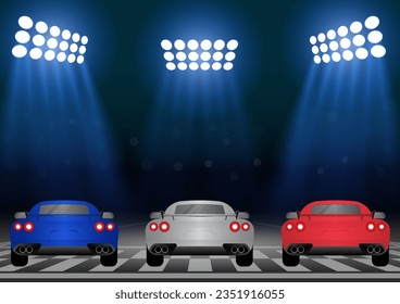 Racing Car at Start Point on Racing Track in Arena at Night. Racing track with Racing Car.  Race Background. Vector Illustration.	