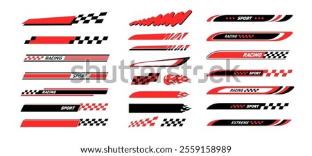 Racing Car Аbstract Stripes decals and flames stickers set 4. Sports racing Red flags stickers design. Sport car and motorbike wrap elements. Vector stickers collection for motorsport and racing event