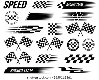 Rennwagen-Streifen mit karierter Flagge, Ziellinie, dynamischen Linien und Motocross-Etiketten für Motorsport- und Automobilwettbewerbe