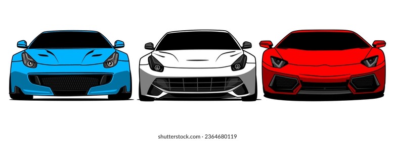 Rennwagen, Vektorgrafik von Luxusfahrzeugen, 3 Illustrationen von Autos, Ikone, Illustration von Sportwagen