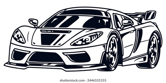 Racing car vintage emblem monochrome with sports vehicle with seating for passengers and daring design with good aerodynamics vector illustration