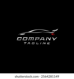 Racing Car Wave Silhouette Logo Design. Car Silhouette With Wings And Lights Details Logo Design.