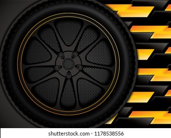 Racing car wheel on black and yellow background, vector illustration 