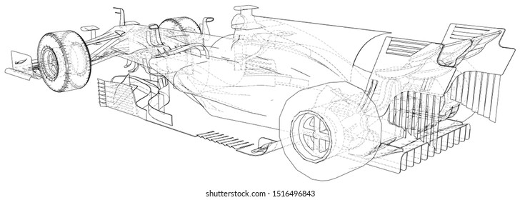 Racing car. Wire-frame. EPS10 format. Vector rendering of 3d