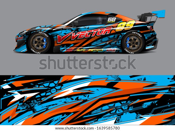 Racing car wrap decal\
graphic vector kit. Abstract stripe racing background designs for\
vinyl wrap race car, cargo van, pickup truck, adventure vehicle.\
Eps 10