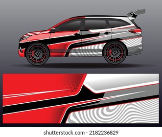 Design-Konzept für Rennwagen-Wrap-Design. Abstrakter Rennhintergrund für Umhüllungsfahrzeuge, Rennwagen, Frachtwagen, Abholwagen und Rennlichtsalons