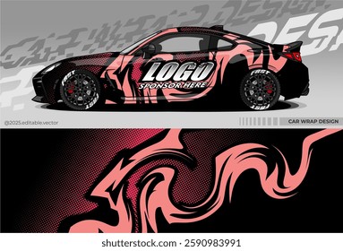 A racing car wrap design with a dynamic black and pink abstract pattern. This design combines modern graphic elements with halftone effects and curved lines, creating a sporty and aggressive look.