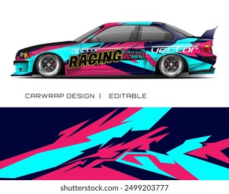Racing car wrap design in pink, blue, and black abstract shapes for sportsthemed projects, marketing campaigns, or automotive industry.