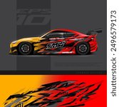 Racing car wrap design vector. Graphic abstract stripe racing background kit designs for wrap vehicle, race car, rally, adventure and livery