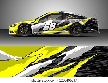 Racing car wrap design vector. Graphic abstract stripe racing background kit designs for wrap vehicle, race car, rally, adventure and livery