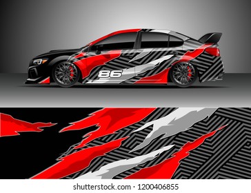 Racing car wrap design vector. Graphic abstract stripe racing background kit designs for wrap vehicle, race car, rally, adventure and livery