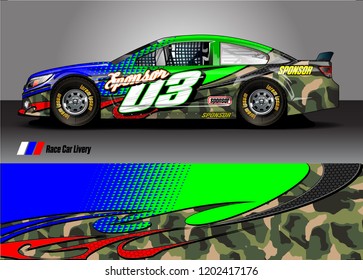 Racing car wrap design vector. Graphic abstract stripe racing background kit designs for wrap vehicle, race car, rally, adventure and livery