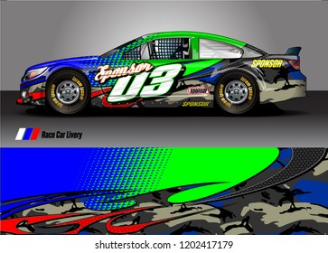 Racing car wrap design vector. Graphic abstract stripe racing background kit designs for wrap vehicle, race car, rally, adventure and livery