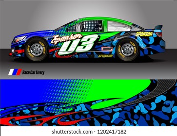 Racing car wrap design vector. Graphic abstract stripe racing background kit designs for wrap vehicle, race car, rally, adventure and livery