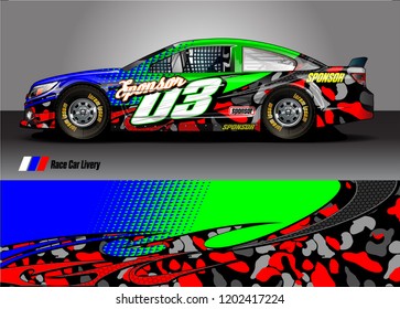 Racing car wrap design vector. Graphic abstract stripe racing background kit designs for wrap vehicle, race car, rally, adventure and livery
