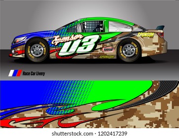 Racing car wrap design vector. Graphic abstract stripe racing background kit designs for wrap vehicle, race car, rally, adventure and livery