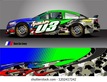 Racing car wrap design vector. Graphic abstract stripe racing background kit designs for wrap vehicle, race car, rally, adventure and livery