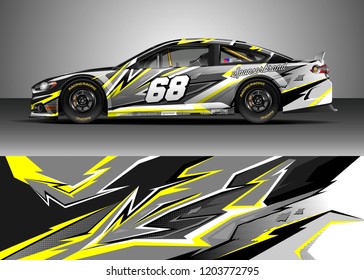 Racing car wrap design vector. Graphic abstract stripe racing background kit designs for wrap vehicle, race car, rally, adventure and livery