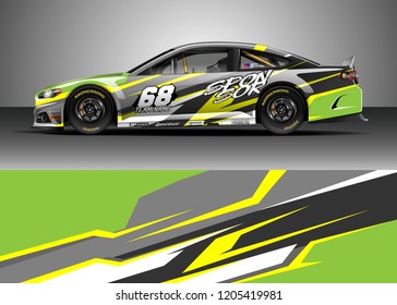 Racing car wrap design vector. Graphic abstract stripe racing background kit designs for wrap vehicle, race car, rally, adventure and livery