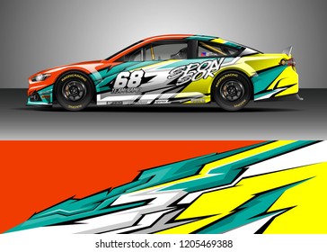 Racing car wrap design vector. Graphic abstract stripe racing background kit designs for wrap vehicle, race car, rally, adventure and livery