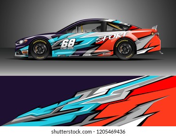 Racing car wrap design vector. Graphic abstract stripe racing background kit designs for wrap vehicle, race car, rally, adventure and livery